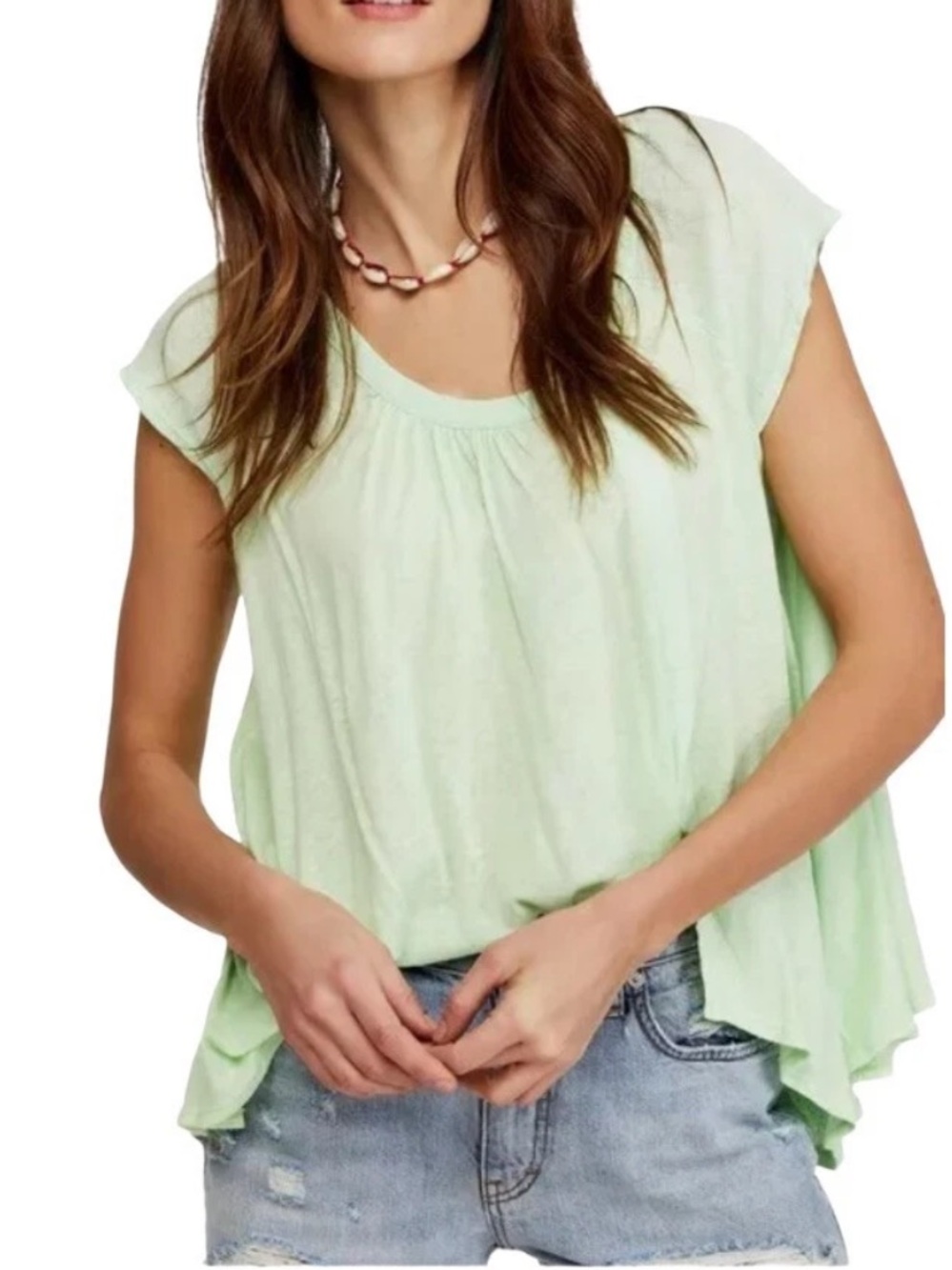 Free People XS Shirt Green Cap Sleeve Scoop Neck Linen Blend Keep It Casual Top